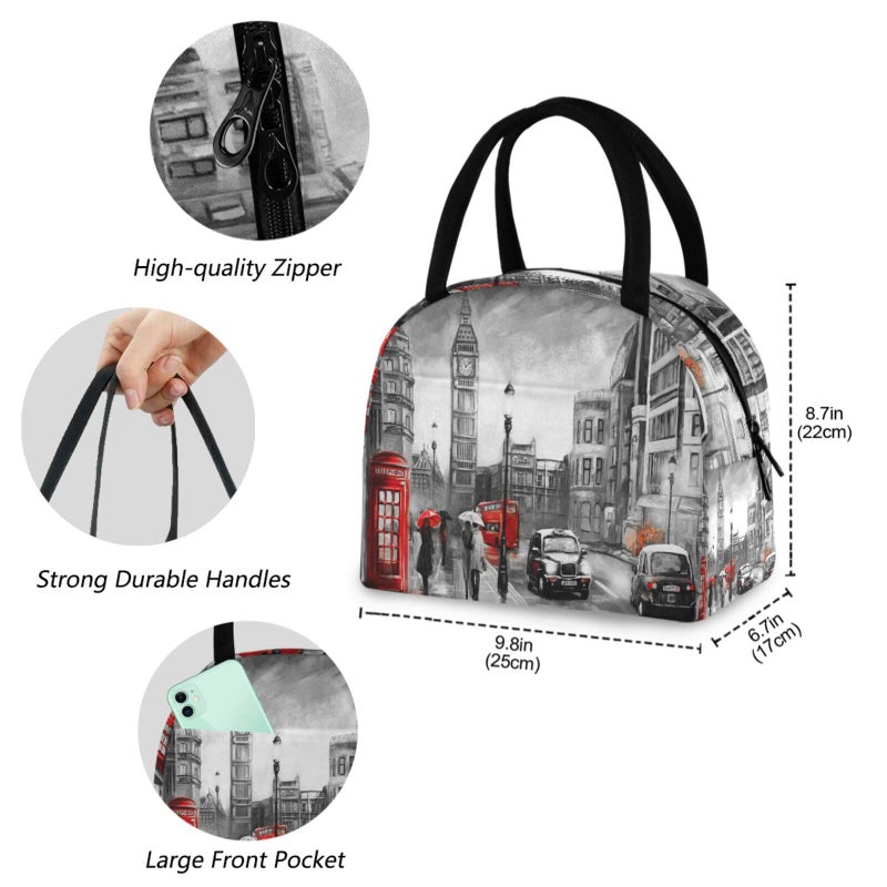 ZzWwR Stylish London Street View Big Ben Reusable Lunch Tote Bag with Front Pocket Zipper Closure Insulated Thermal Cooler Container Bag for Man Women Work Picnic Travel Beach Fishing - Image 2